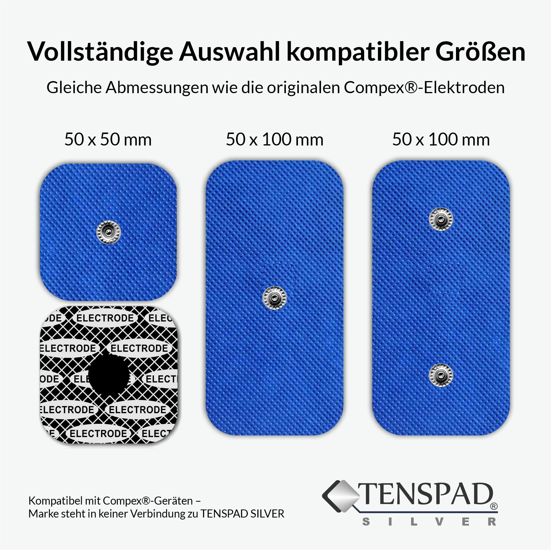 12 Elektroden mit Silber Muster für Compex (8 Elektroden 50x50mm und 4 Elektroden 50x100mm mit 2 SNAP-Anschlüssen)