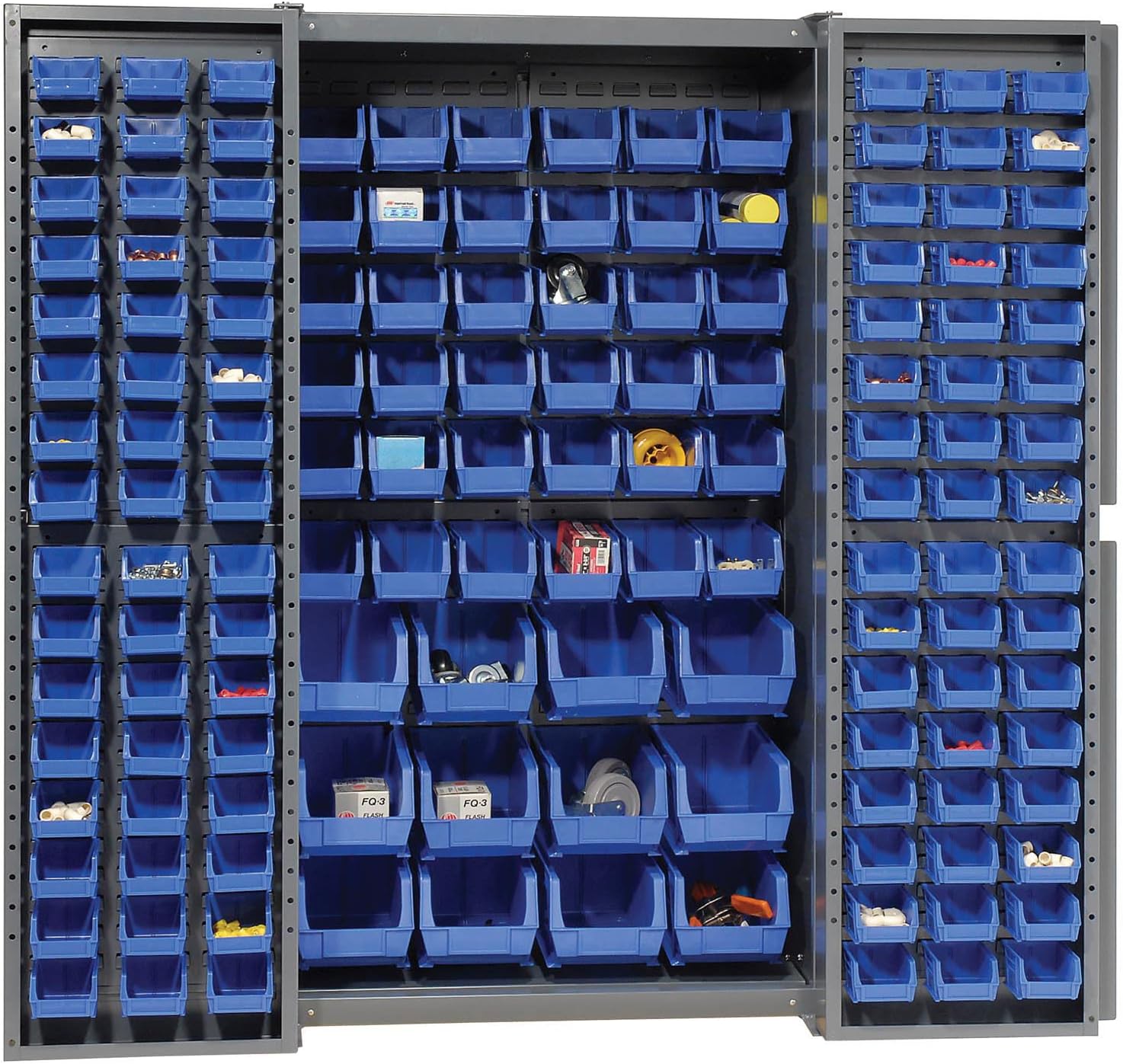 Deep Door Bin Cabinet, Includes 144 Blue Plastic Bins, Padlockable Steel Cabinet, 38" W x 24" D x 72" H, for Tool and Parts Storage, Ships Assembled