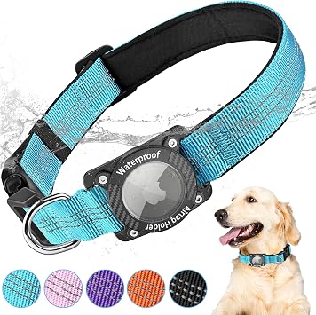 Refective Dog Collar with Holder Compatible with AirTag, Blue, M | Compatible with Air Tag, Night Reflective Stitching, Soft Padded, Ultra-Durable, Adjustable Fit 10.6-22 in, for All Breeds