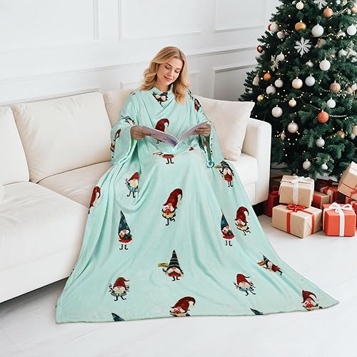 Miniatura 2 de Catalonia Manta con estampado navideño con mangas y bolsillo, acogedora manta de forro polar suave de visón, manta de microfelpa para mujeres y