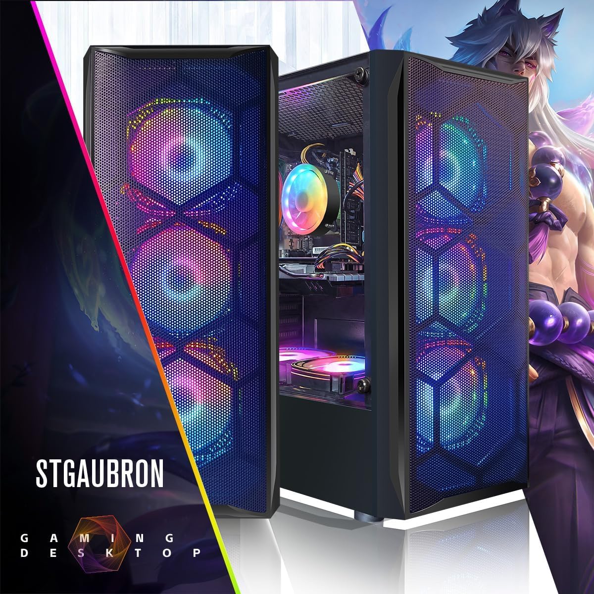 STGAubron Gaming PC Desktop, Intel Core i7 up to 3.9G, Radeon RX 580 8G, 16G RAM, 1T SSD, WiFi, BT 5.0, RGB Fan x6, RGB BT Sound bar & Headphone, Windows 11 Home