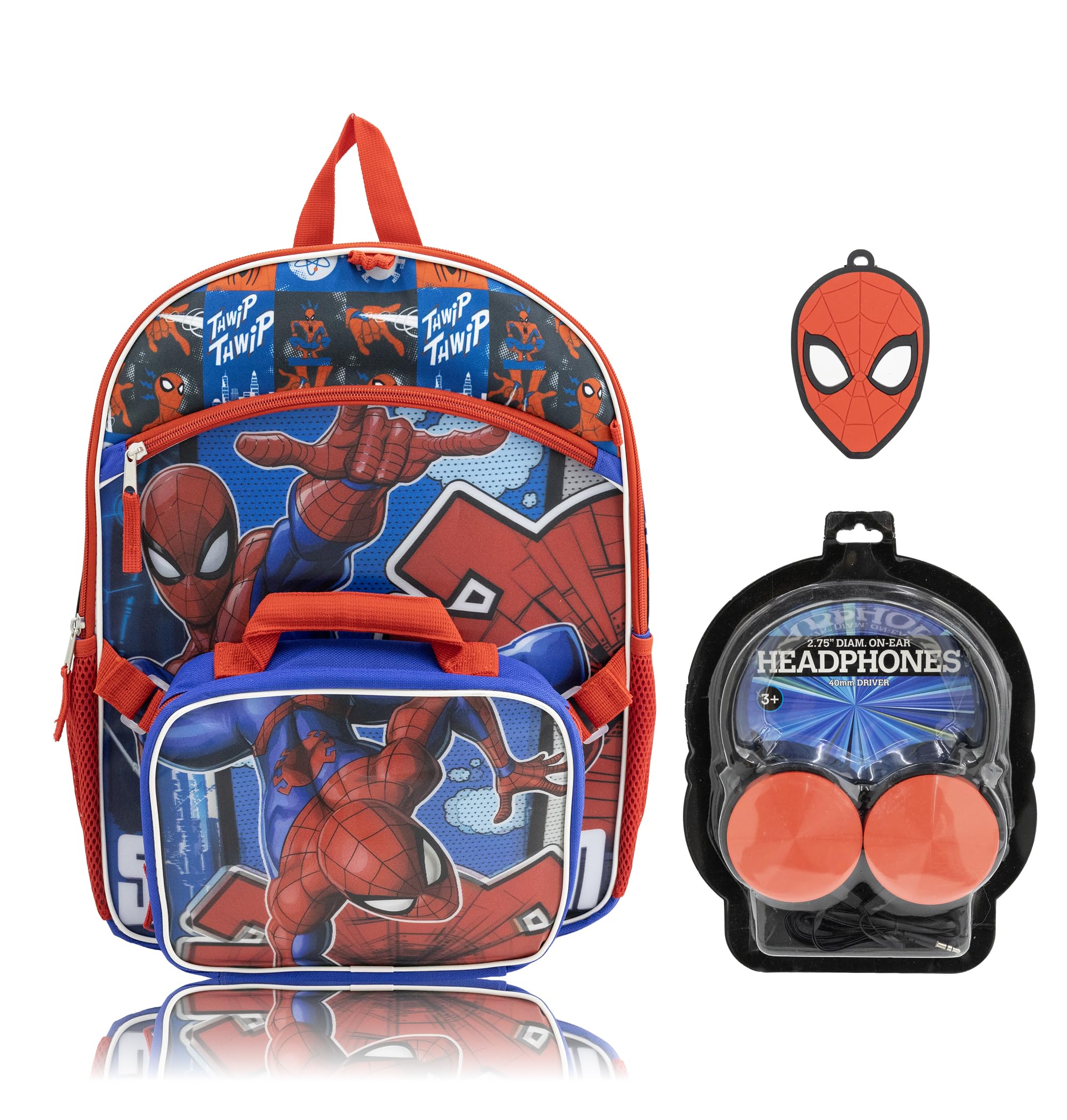 Marvel Spiderman Backpack Set for Boys | Spiderman Bookbag with Lunch Bag, Headphones, and Dangle | Kids School Spider-Man Backpack | Ages 3+ Spiderman Thwip