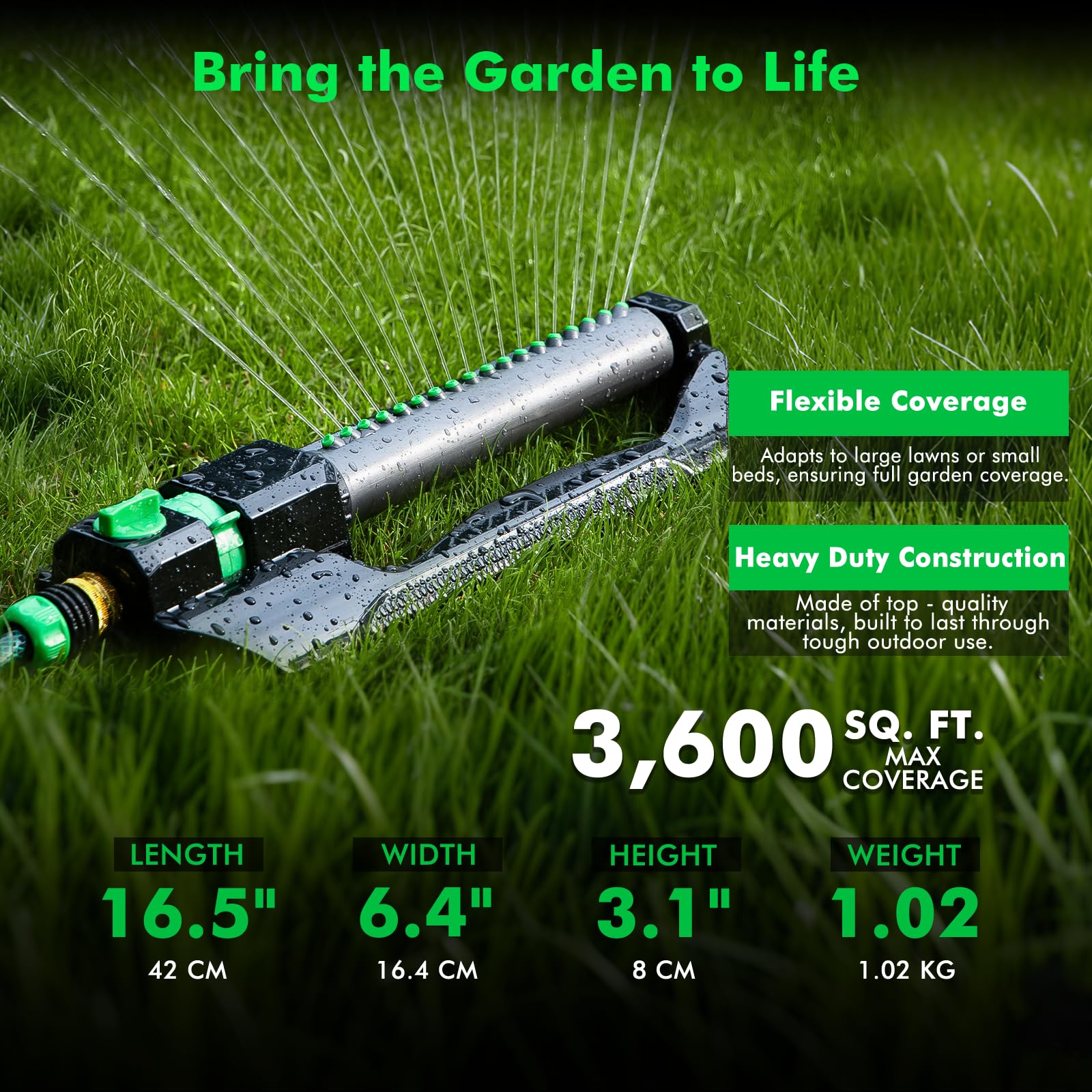 RESTMO Irrigatore oscillante resistente con base in metallo, sistema di irrigazione del prato regolabile con controllo del flusso, copre fino a 3.600 mq. per giardino, cortile