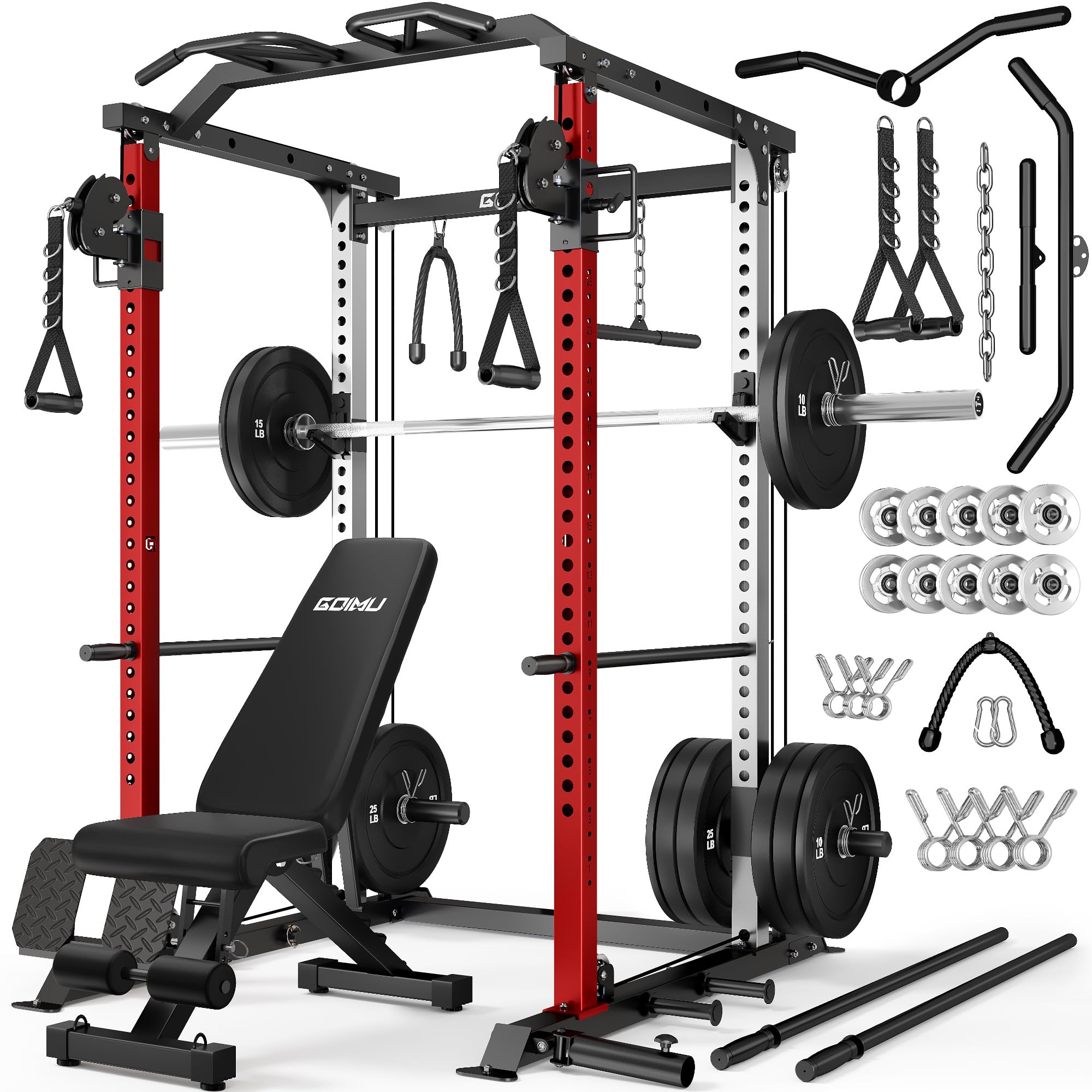 DP01 Power Cage, 2000LBS Squat Rack with Cable Crossover and Dual Independent Pulley System, Full Cage for Full Body Training, Power Rack with More Training Attachments for Home Gym