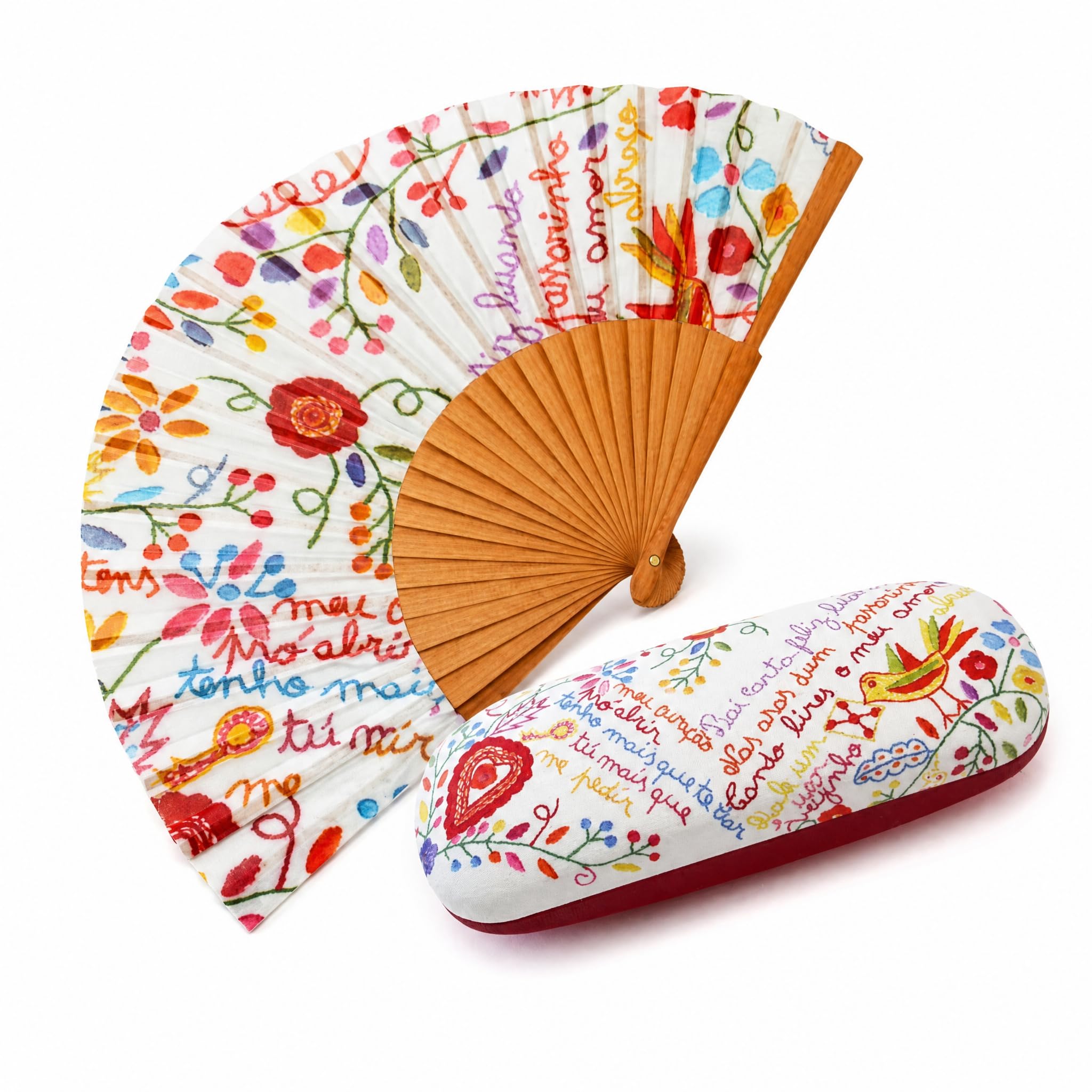 Handfächer & Brillenetui Set, Blumenmuster, Geschenkset Frauen | Faltbarer Handfächer mit Holzgestell und passendes Hartschalen-Brillenetui im Folk-Art-Design – als Muttertagsgeschenk