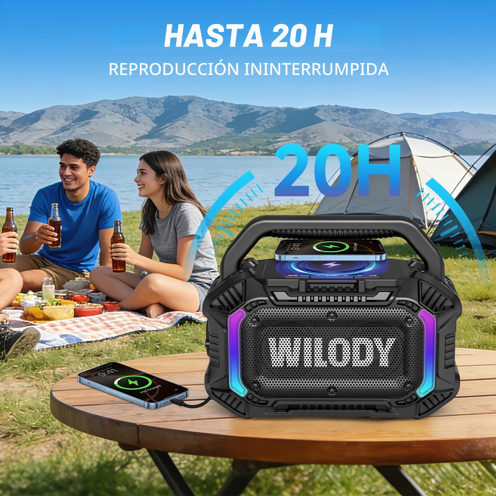 Wilody 100W Altavoz Bluetooth Potente,Impermeable Altavoces Portátil Potente,Altavoz Grande Portatil con 20 Horas de reproducción,Carga inalámbrica,TWS,luz RGB,Altavoz portátil,Negro