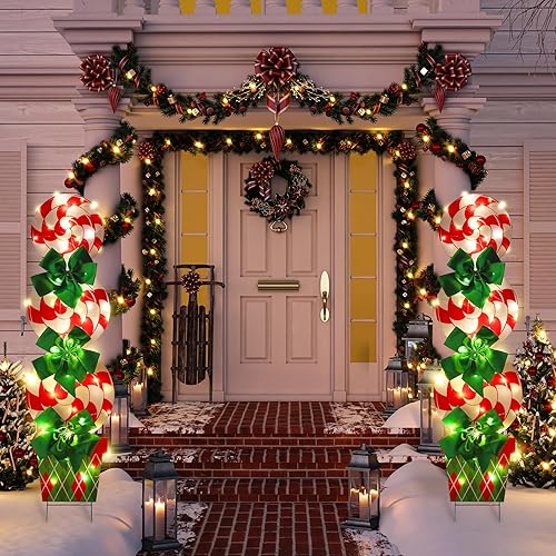 Skylety 2 juegos de decoraciones navideñas de bastón de caramelo de menta al aire libre con estaca de 112 cm para césped, jardín, poste con luces