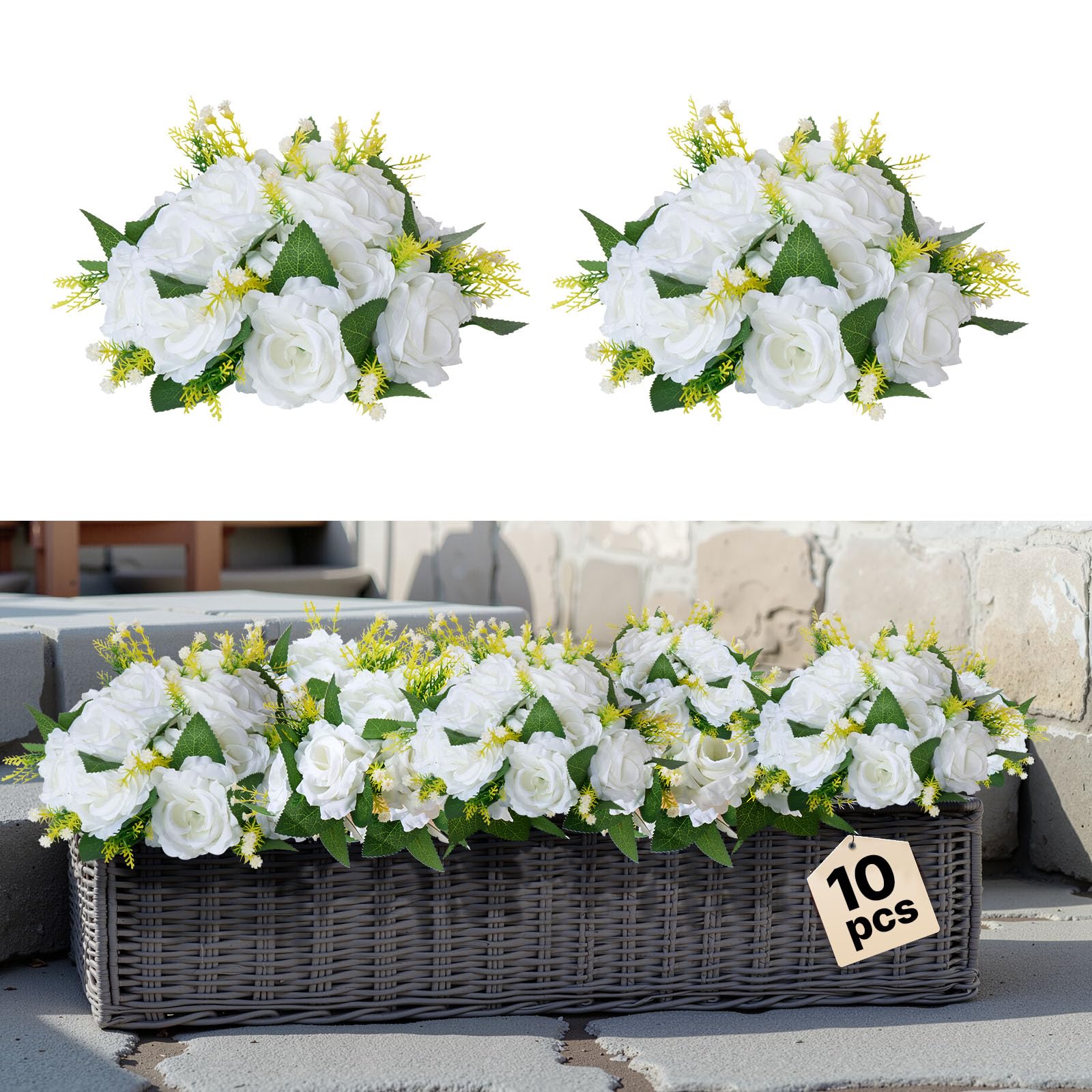 VEVOR Boules de Fleurs Artificielles, Lot de 10, 24 cm, Compositions de Roses Blanches Artificielles, Fausses Fleurs Décoratives pour Centres de Table, Mariages, Saint-Valentin, Décoration d'Intérieur