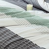 Vista 7 de JANZAA Juego de edredón tamaño Queen, color verde salvia, juego de cama de microfibra suave, juego de edredón de 3 piezas a rayas con 2 fundas