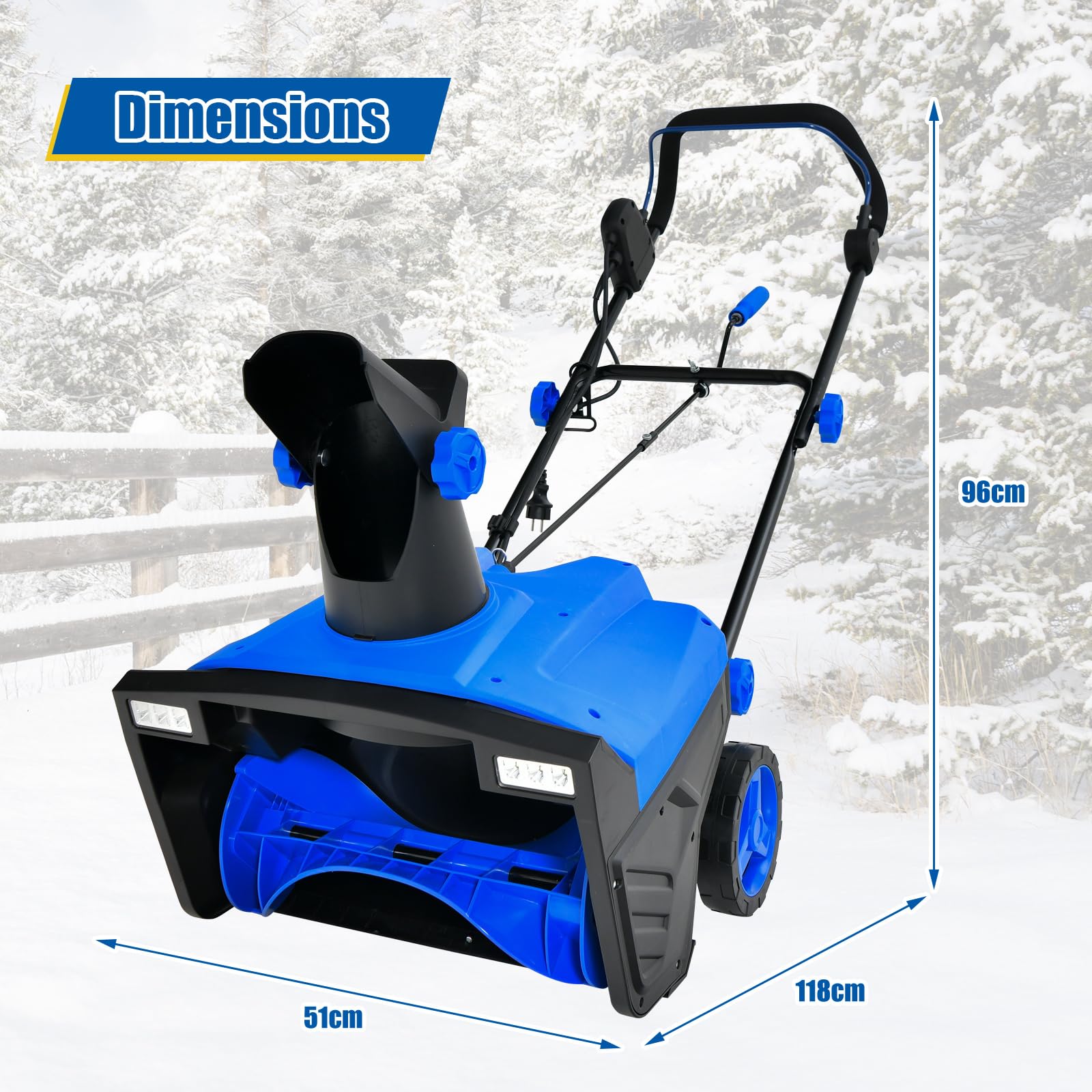 COSTWAY Déneigeuse Électrique avec 2 Lumières LED, Souffleuse à Neige Filaire 15 A 500 mm avec Goulotte Rotative à 180° Distance de Projection 9 m, pour Jardin Cour (Bleu)