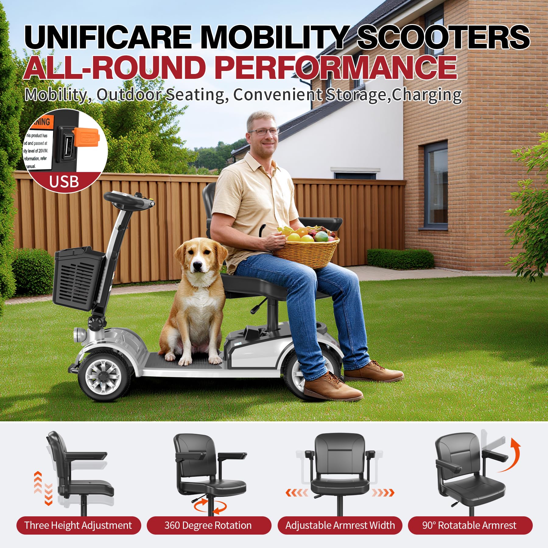 Scooter de movilidad plegable, silla de ruedas eléctrica plegable de 4 ruedas para adultos y personas mayores, con batería de largo alcance, cesta y luz para coche