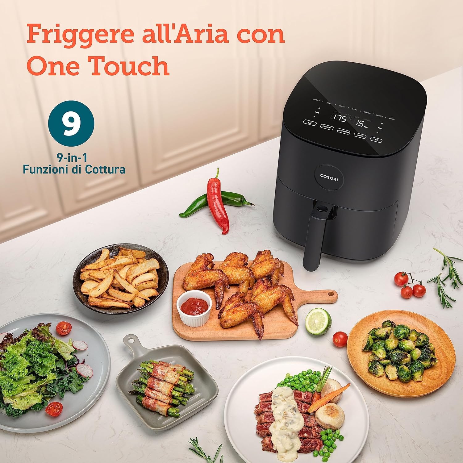 Cosori Friggitrice ad Aria 4,7 Litri, 75-230°C, 9 Preimpostazioni, 1500W | Silenzioso e Risparmio Energetico, Meno Olio&Senza Fumo, Ricettario Italiano, Lavabile in Lavastoviglie, Rumore Sotto i 55dB