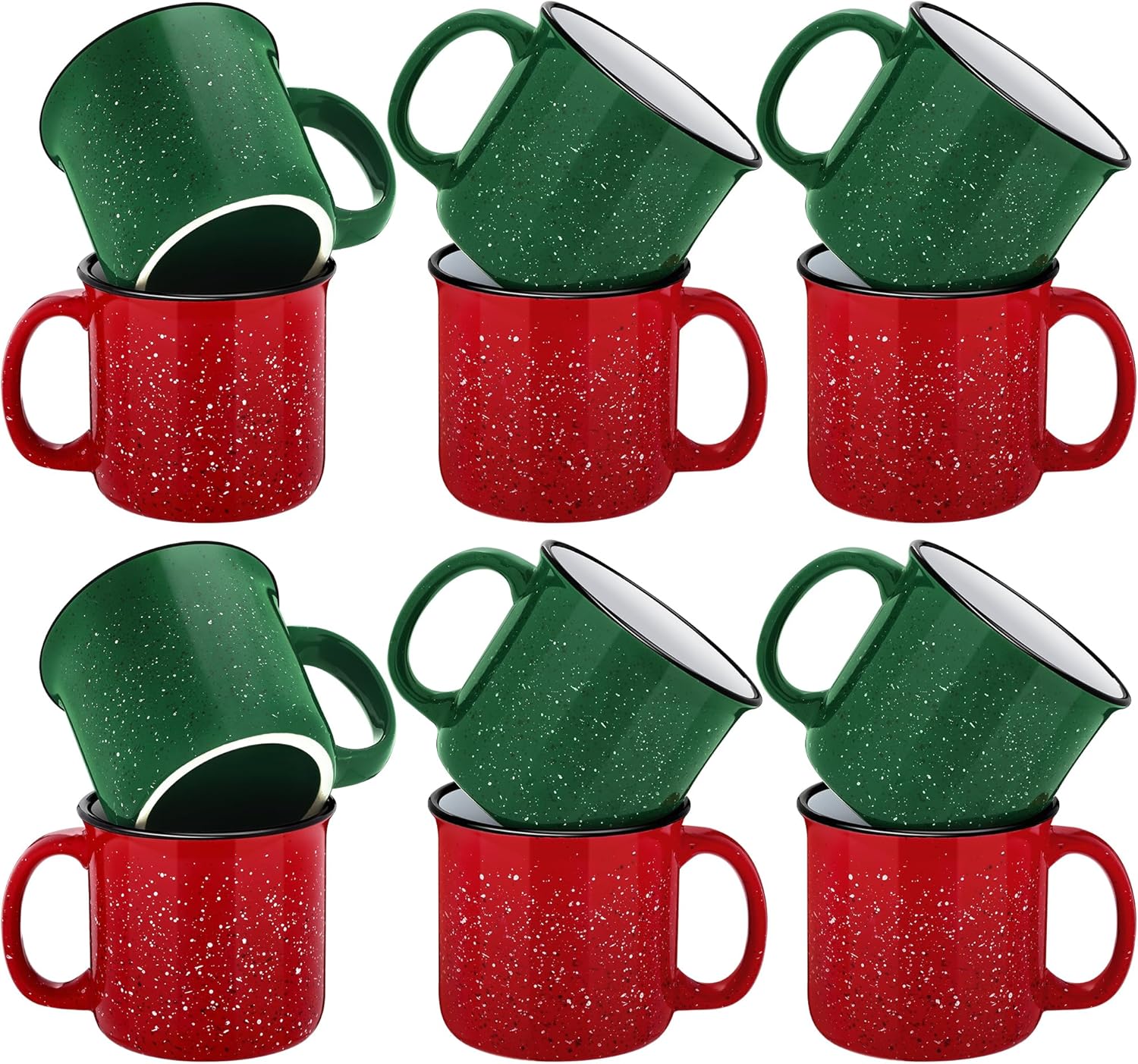 TURSTIN Set of 12 Ceramic Coffee Mugs 15 oz Speckled Christmas Red Green Campfire Camping Cups with Handle Stoneware Enamel Camping Mugs for Drinking, Coffee, Cocoa, Hot Chocolate Tea Campfire Gift Red, Green