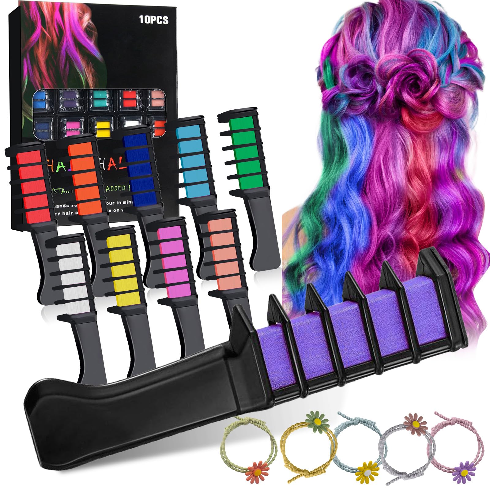 10 Colores Peine de Tiza Para el Pelo,Tiza Temporal Lavable Set,peines con tizas para el pelo para Halloween,DIY regalos fiesta,Contiene 5 cuerdas de pelo