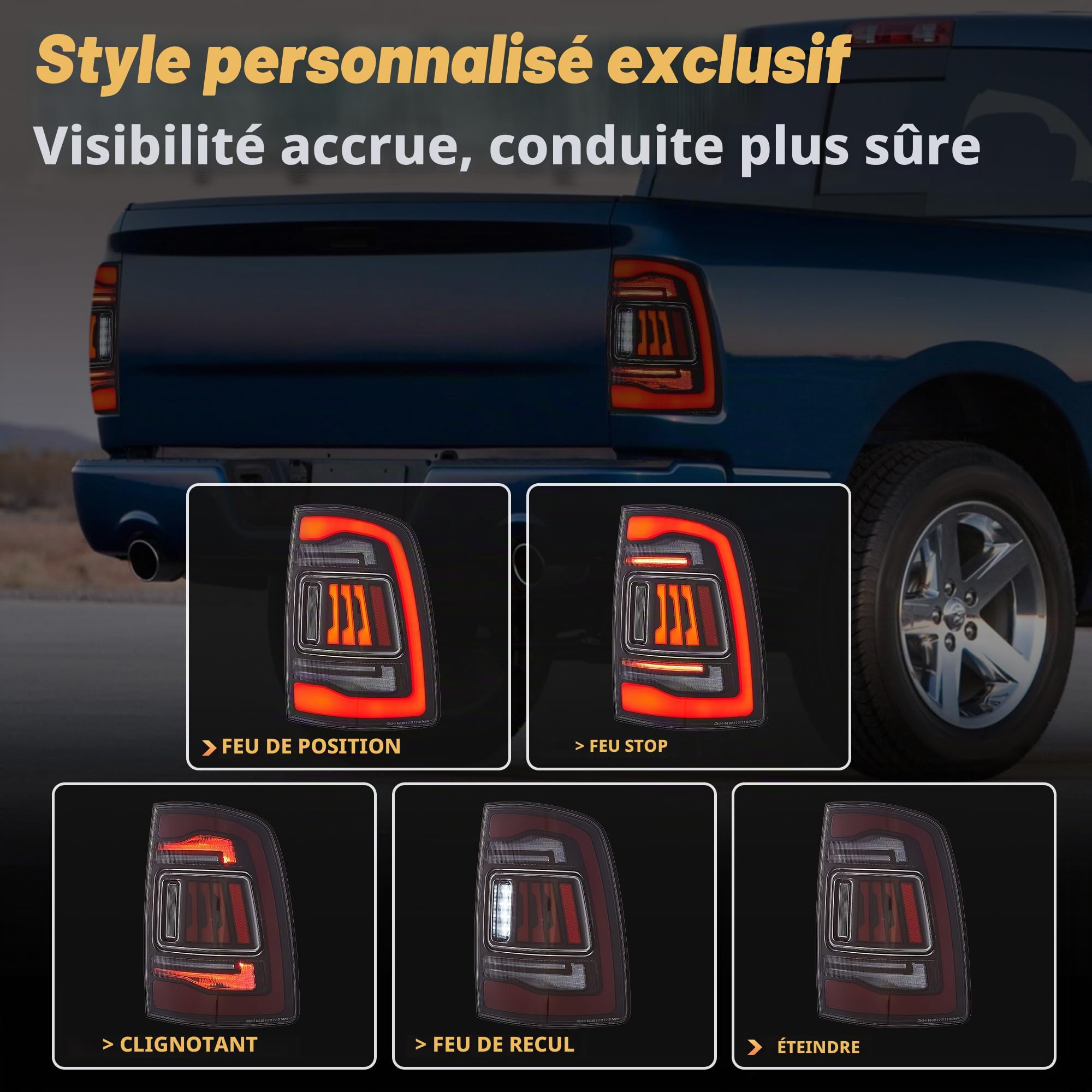 VLAND Feux Arrière LED pour 4e gen Ram 1500 2009-2018, Ram 2500/3500 2010-2018, Ram 1500 Classic 2019-2024, avec affichage dynamique, 1 paire (Lentille fumée + rouge)