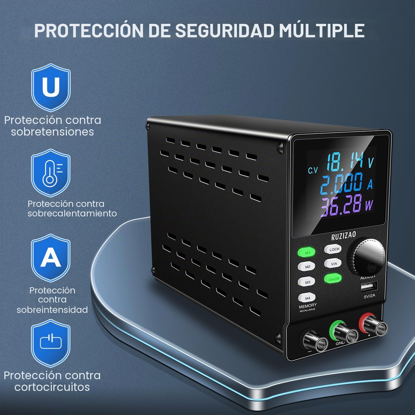 Fuente de Alimentación Regulable 200V 1A Programable para Mesa de Laboratorio con Software Para PC, Mando Codificador, Almacenamiento en Memoria, Interruptor de Salida, Botón de Bloqueo