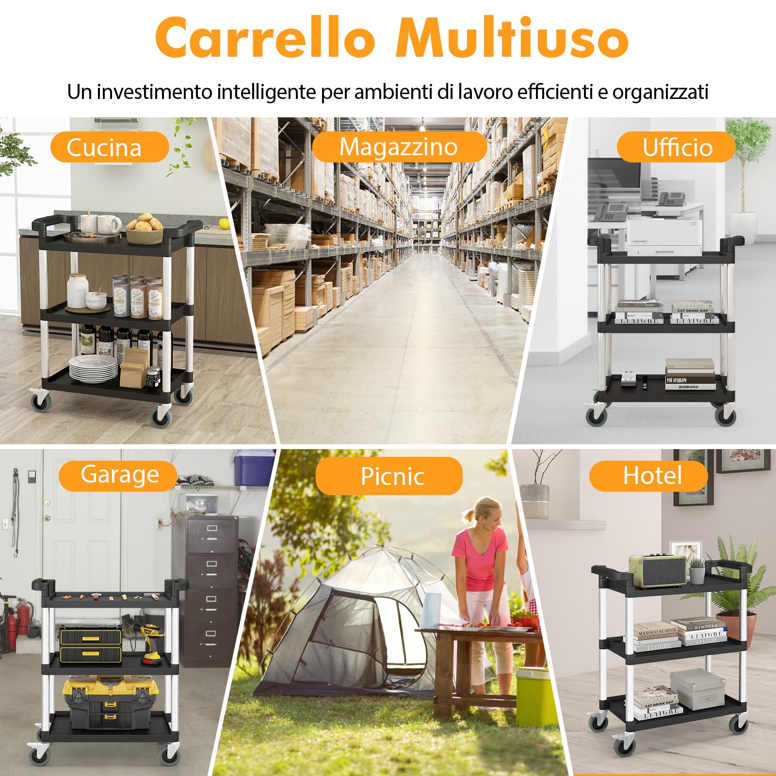COSTWAY Carrello Portautensili Attrezzi a 3 Livelli, Carrello di Servizio da Officino con Rutoe Bloccabili, Doppie Maniglie e Struttura Robusta in Alluminio, Portata 225kg, per Magazzino e Cucina