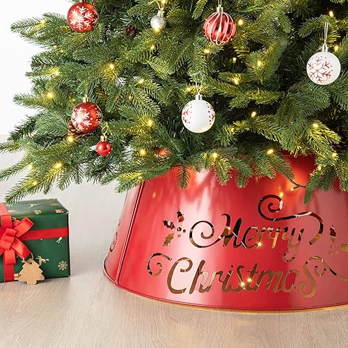 Miniatura 3 de Glitzhome Collar de árbol troquelado de metal con cadena de luz, anillo de árbol de Navidad para decoraciones de Navidad, 26 pulgadas de profundidad