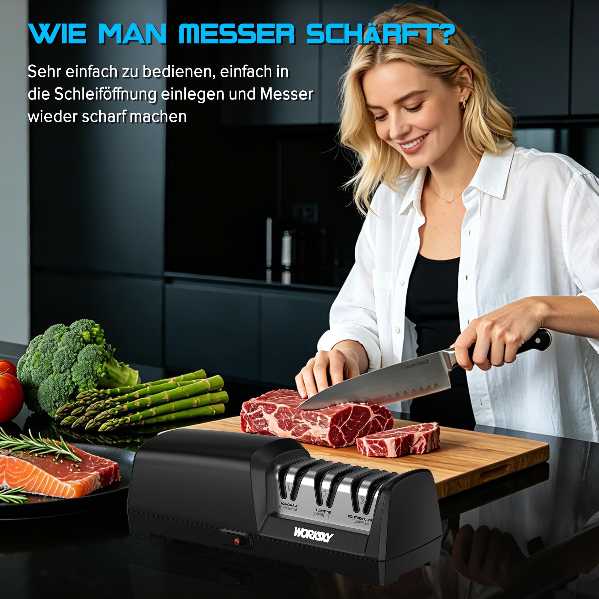 Elektrischer Messerschärfer für die Küche – Professionell 3-Stufen, 100% Diamantsystem mit 15° Präzisionswinkel, schnelles Schärfen zum Wiederherstellen und Polieren von Kochmessern, Schwarz