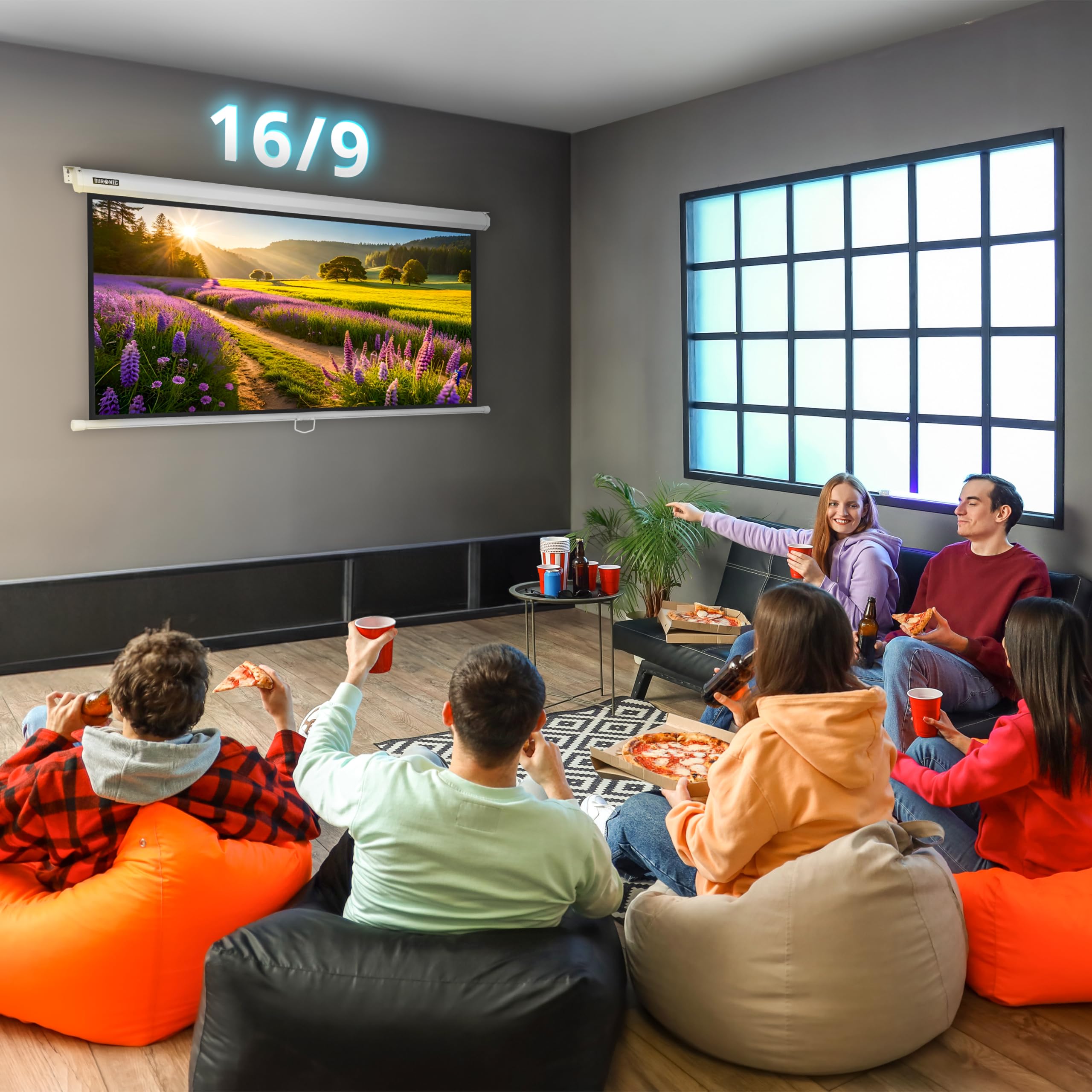 Duronic MPS80 16:9 Telo Proiettore 80 pollici, Schermo per proiettore, Telo da proiezione interno esterno, Home theater cinema Full HD 3D 4K, Schermo di proiezione anti pieghe per casa ufficio scuola