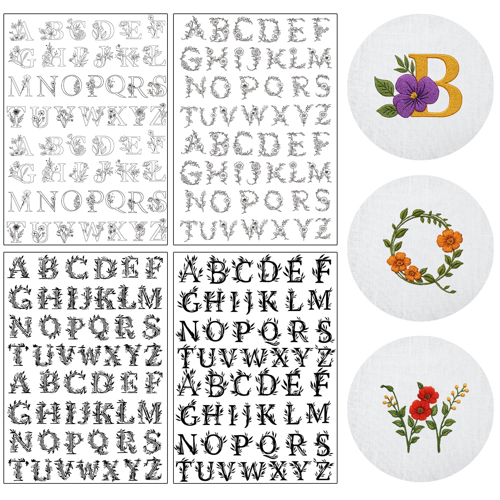 Water Soluble Hand Sewing Stabilizers - 4 Sheets 200+ A-Z Letter Stick and Stitch Embroidery Paper Designs Wash Away with Pre-Printed Flower and Alphabet Patterns for Hand Sewing Lover Beginners