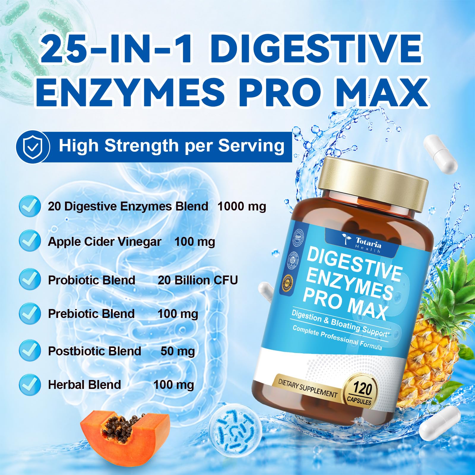 25-in-1 Digestive Enzymes Pro Max w/ 20 Enzymes 1000mg Probiotic Prebiotic Postbiotic Ginger Artichoke Bromelain Papain Lactase Gentian ACV for Indigestion, Debloat, Gut, Motility, Women Men, 120 Caps — Amazon image 2