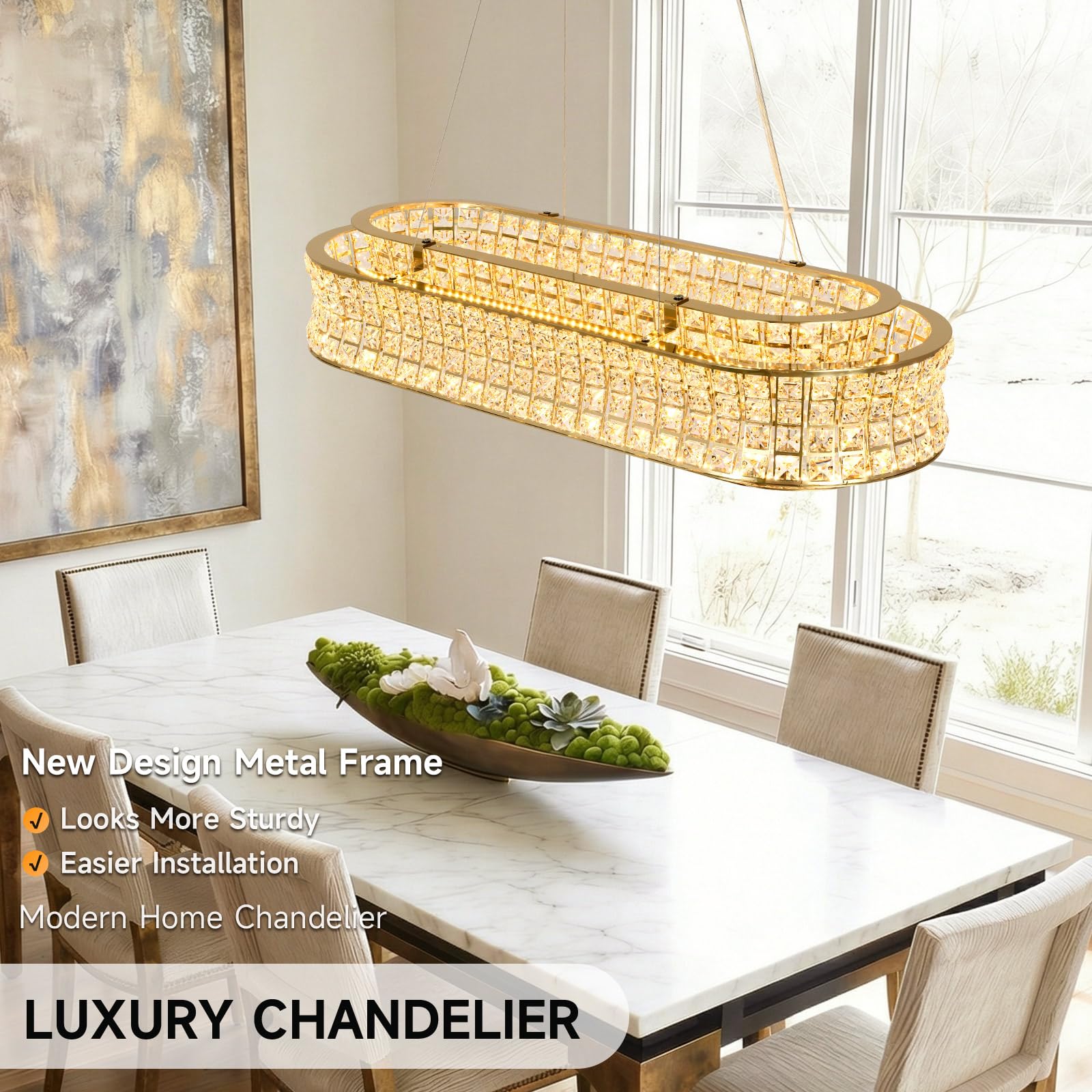 Lampadario moderno in cristallo dorato, lampade a sospensione ovali a LED, lampadari dorati regolabili per ingresso, soggiorno, sala da pranzo 80x35 cm