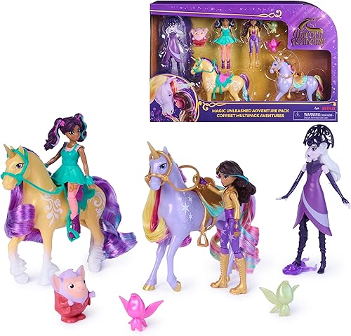 Unicorn Academy, Magic Unleashed Adventure Pack con Sophia, Ava, Ravenzella, Wildstar, Leaf y más, muñecas y juguetes de unicornio para niñas de 4