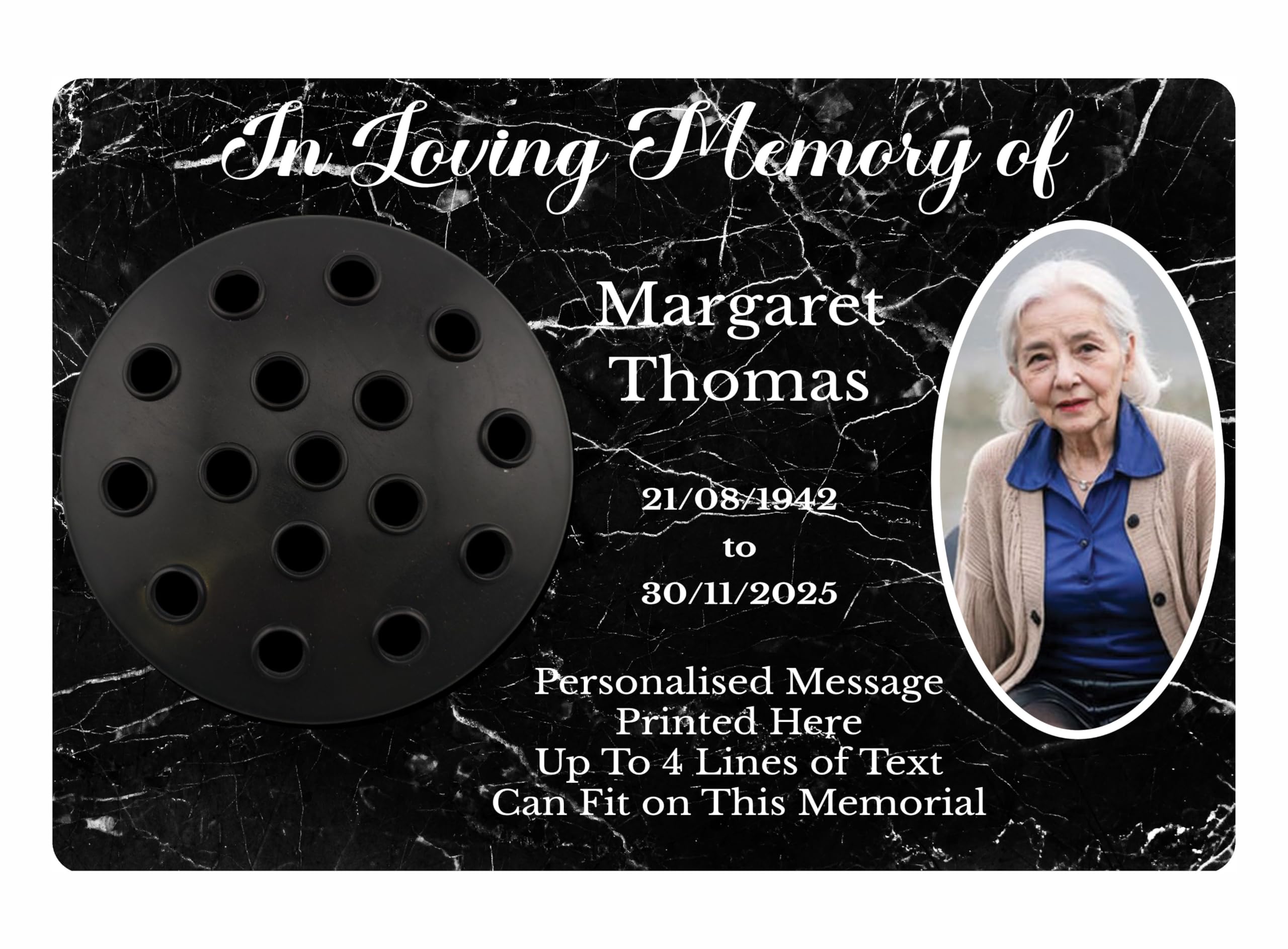 1stclassgifts [Custom] Personalised Metal Grave Stone Marker Headstone Memorial Plaque, In Memory Sign Remembrance Your Photo Vase Flower Holder Grave Pot (UV PRINTED) (Black Marble)