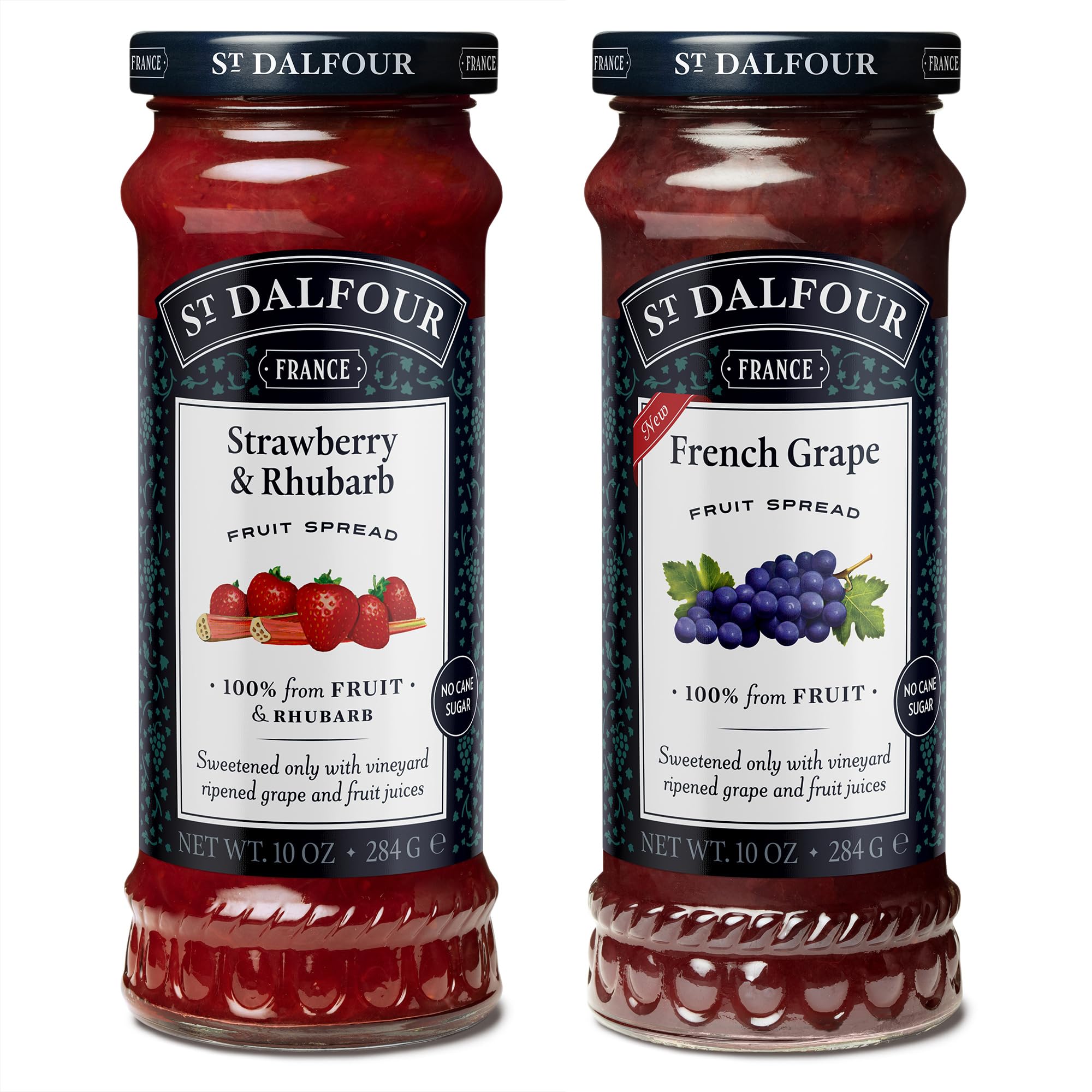 St. Dalfour Strawberry & Rhubarb and French Grape Fruit Spread Bundle, 10 oz Each - 100% from Fruit, No Artificial Ingredients, All Natural