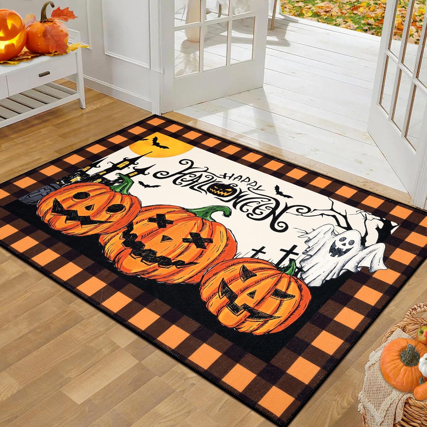 Pauwer Halloween Door Mat Indoor Entrance 32"x48" Soft Welcome Mats for Front Door Ultra Thin Pumpkin Doormat Washable Entryway Rugs Non Slip Runner Rugs for Hallway Kitchen Halloween Decor