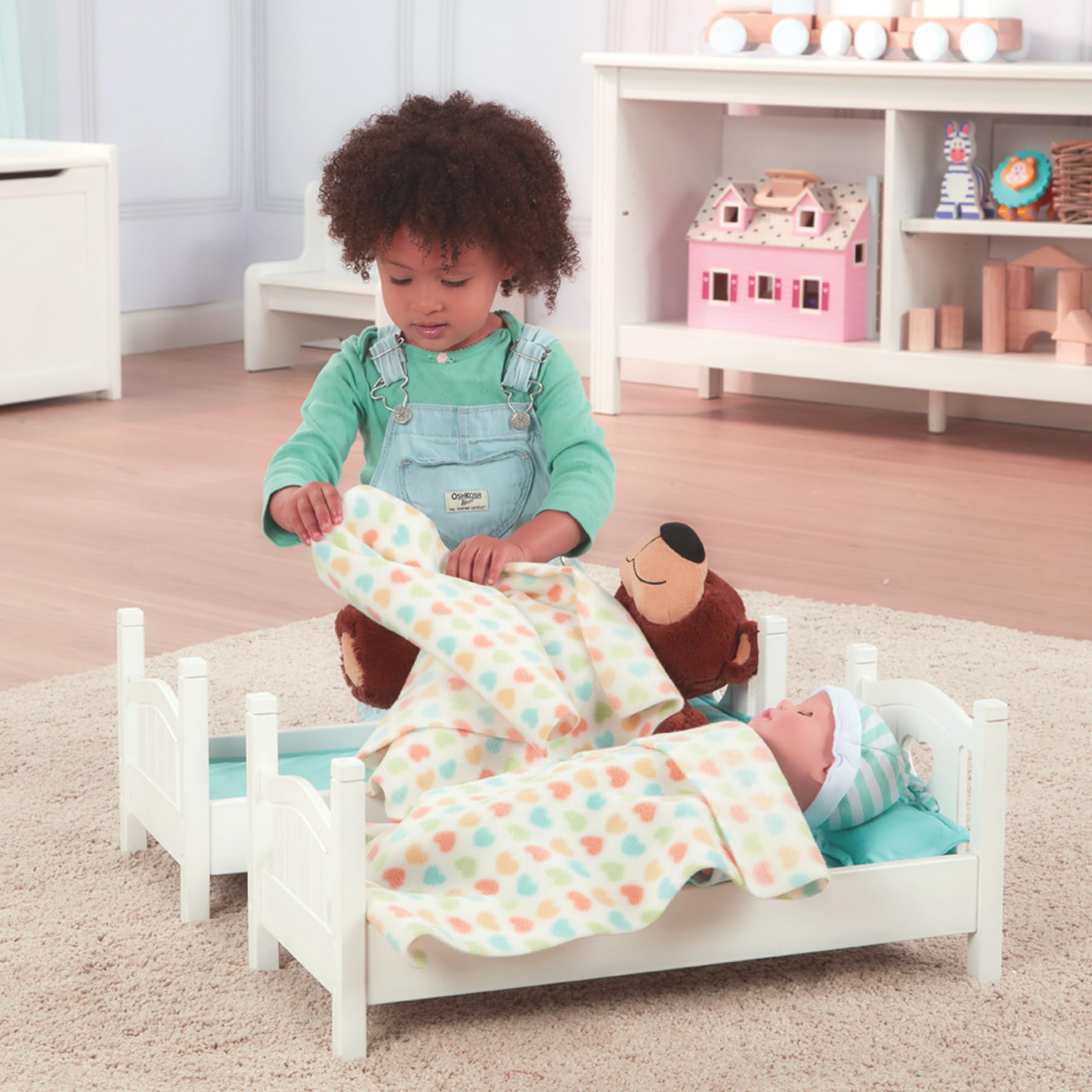 Melissa & Doug Mine to Love Wooden Play Bunk Bed for Dolls up to 18 inches-Stuffed Animals - White (2 Beds, 17.4”H x 9.1”W x 20.7”L Assembled and Stacked)
