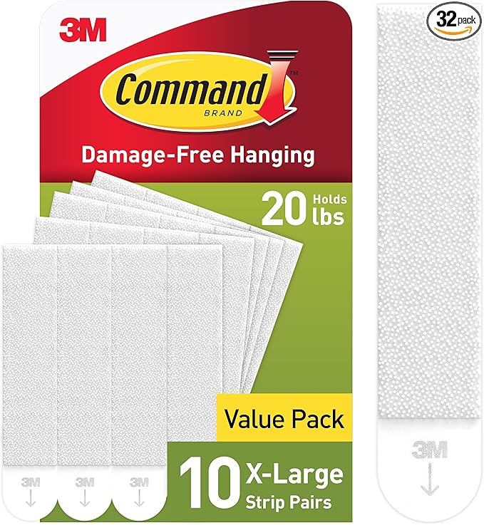 Command 20 lb XL Heavyweight Picture Hanging Strips 10 Pairs, Damage Free Picture Hangers, Heavy Duty Wall Hanging Strips, White Adhesive Strips. Made In The USA with Globally Sourced Materials