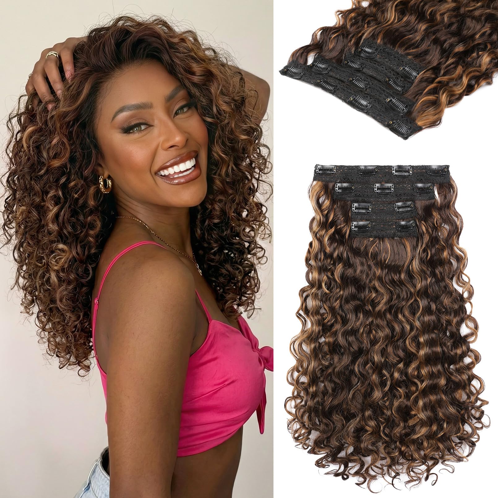 Photo 1 of REECHO 14" Curly Clip-In Hair Extensions - Warm Brown
