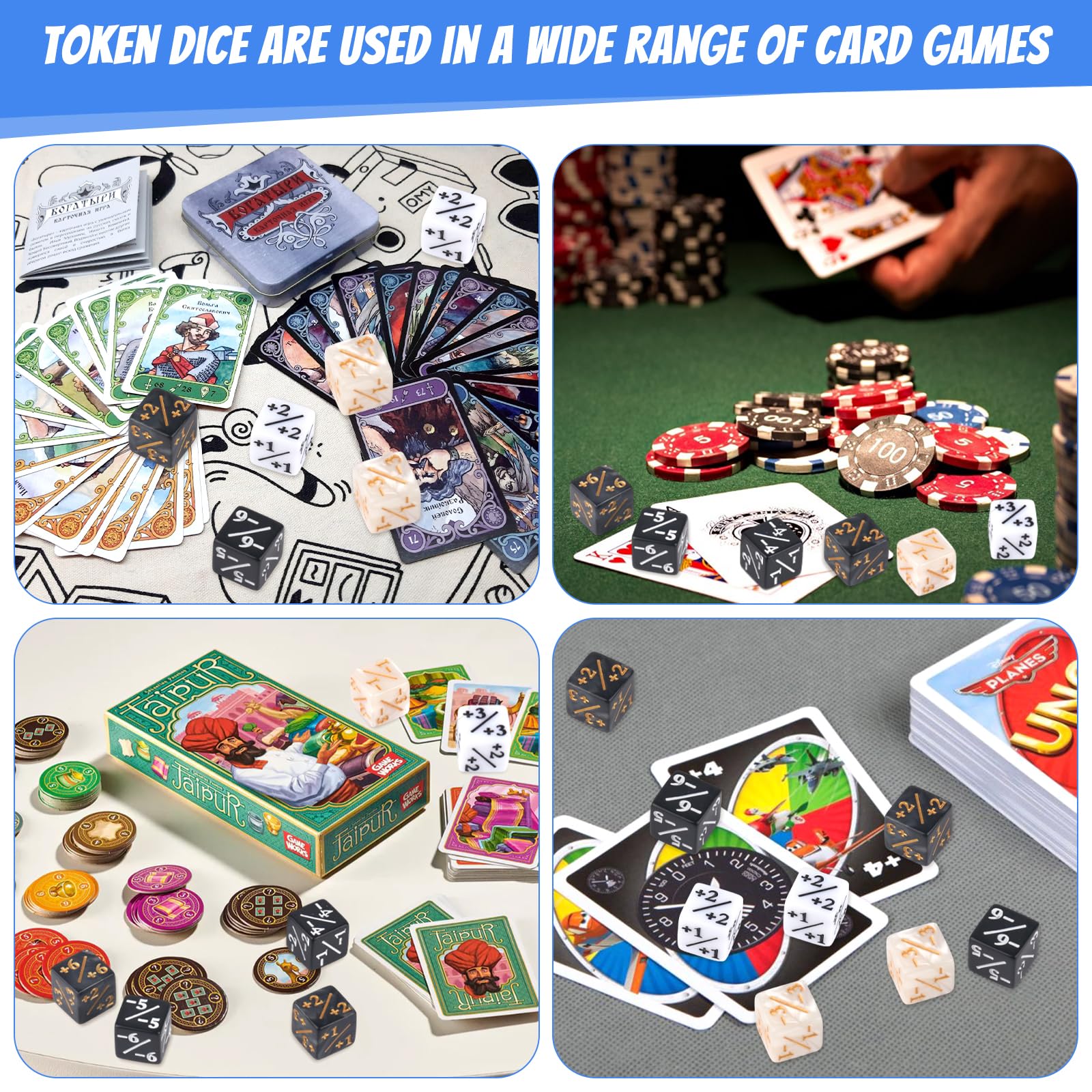48 Stücke Würfel Zähler, 4 Farben Magic Set mit Plus- oder Minuszeichen, Magic The Gathering Würfel mit Aufbewahrungsbeuteln, Tokenwürfel für Tischspiele