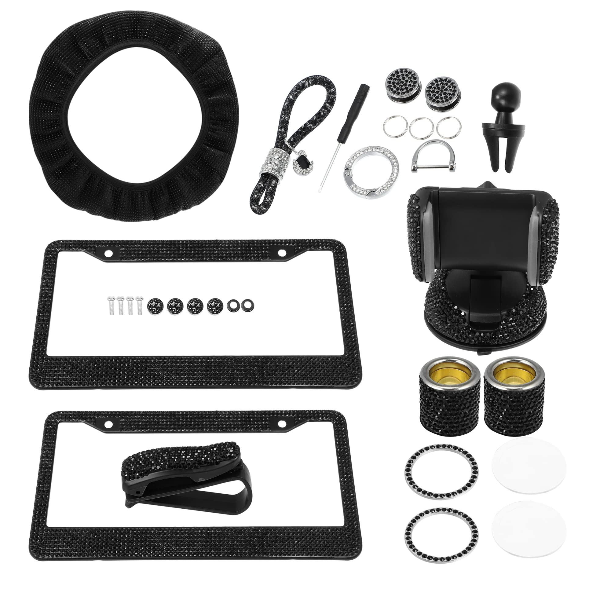 Photo 1 of Motoforti Universal Bling Car Interior Accessories Set for Women, Rhinestone Bling Steering Wheel Cover for 15 Inch, License Plate Frames Seat Belt Cover, PVC Rhinestone, Black, 12Pcs