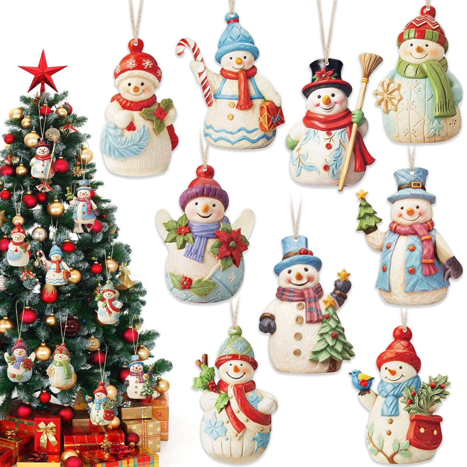 Menkxi 27 Pcs Snowman Decorations 2D Wooden Christmas Ornaments Set Snowman Figurines Decorations with 11.8 Inch Ropes for Christmas Tree Decorative