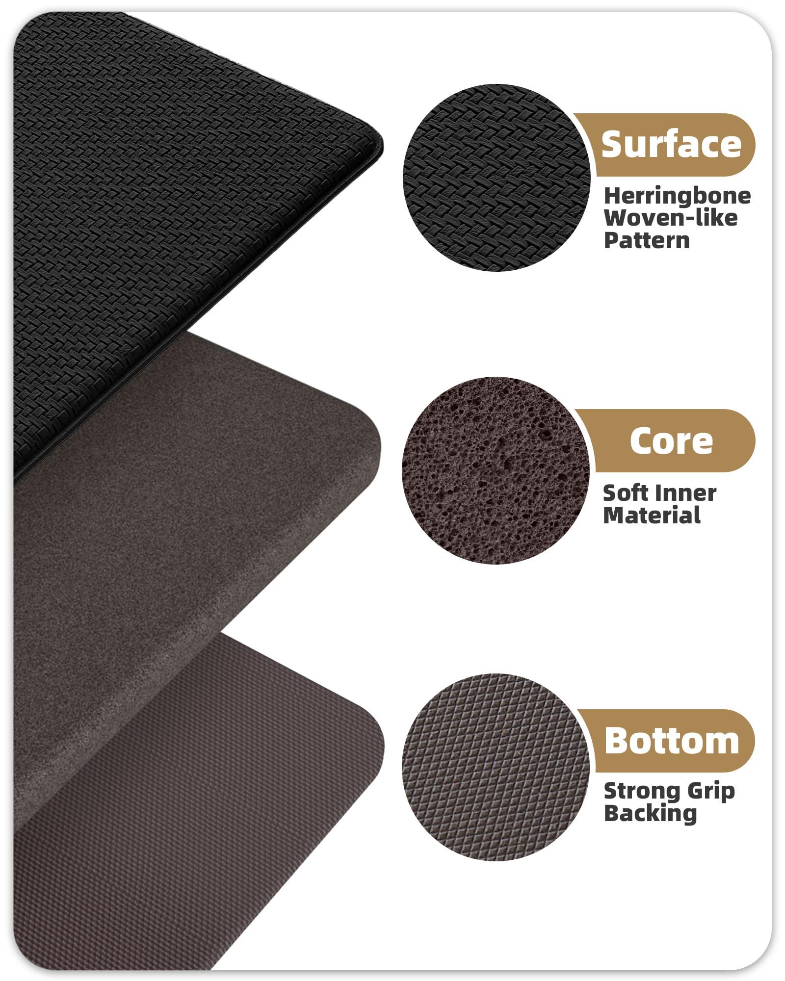 Color&Geometry Lot de 2 tapis de cuisine rembourrés anti-fatigue, antidérapants, imperméables, rembourrés en mousse pour évier, bureau, 43,2 x 73,7 cm + 43,2 x 150 cm, noir