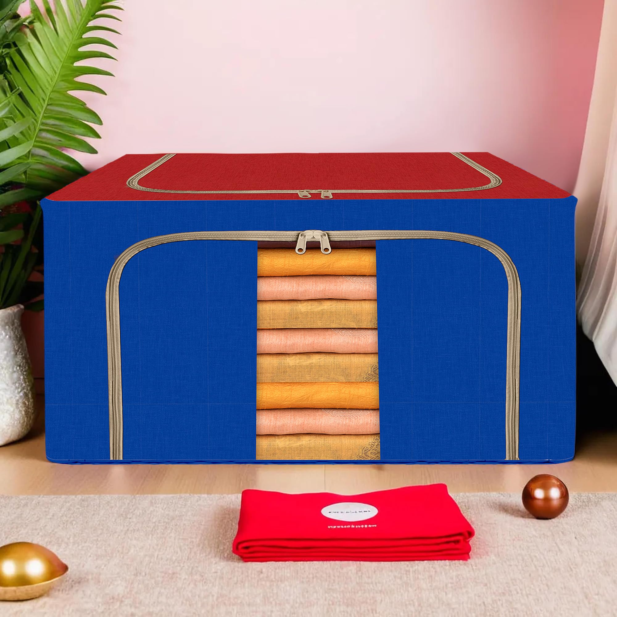 Urbane Home 44 Liter Clothes Storage Box | Foldable Steel Frame Clothes Organizer | Storage Box For Wardrobe-Saree-Shirts And Blankets | Underbed Storage Bag | Red & Blue-image-4