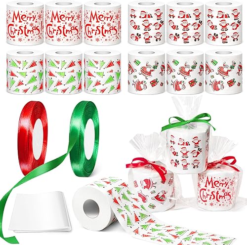 Zhanmai 12 rollos de papel higiénico de Navidad, 4 estilos, papel higiénico divertido de Papá Noel con hermoso embalaje, rollo de inodoro de caca de