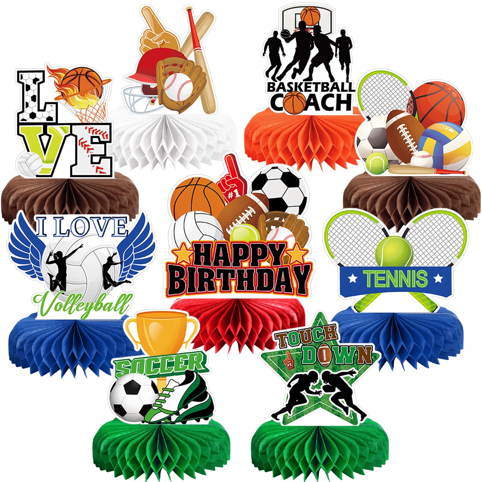 9pcs Sports Birthday Party Decorations, Sports Themed Honeycomb Centerpiece 3D Double Sided Table Decor for Birthday Competition Party Decorations&amp; Favors