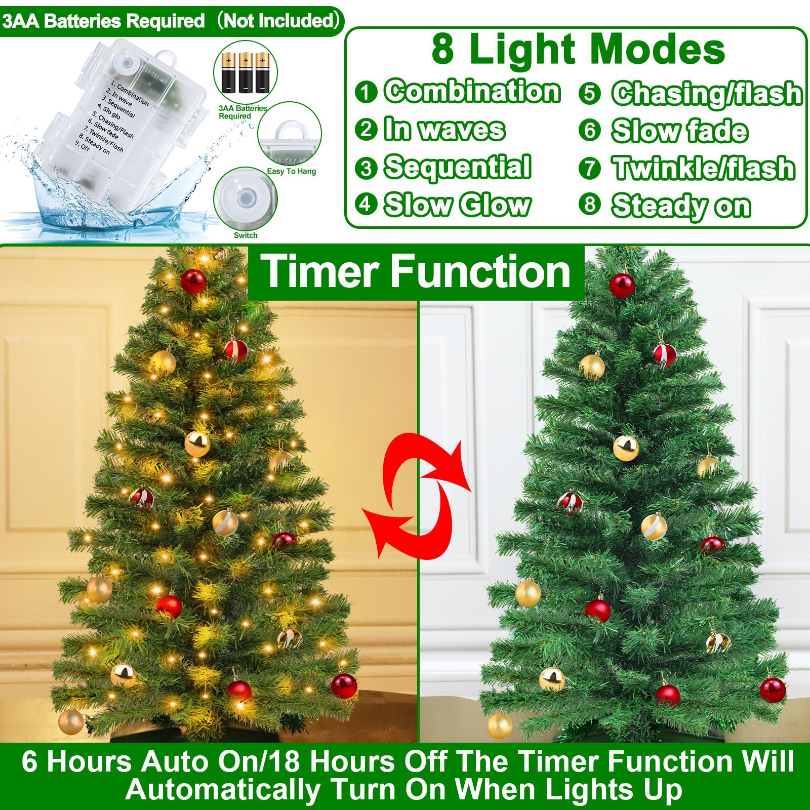 [Control remoto y 8 modos] Árbol de Navidad de 3 pies con temporizador, 50 luces cálidas, 15 adornos de bolas de bricolaje, estrella 3D, funciona con pilas, árbol completo, decoración de Navidad,