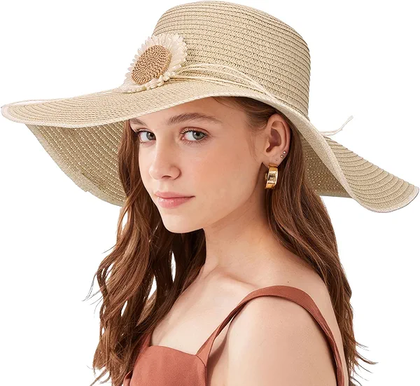 CHIC DIARY Womens Wide Brim Straw Hat Floppy Derby Hat Large Brim Beach Straw Sun Cap UPF 50+