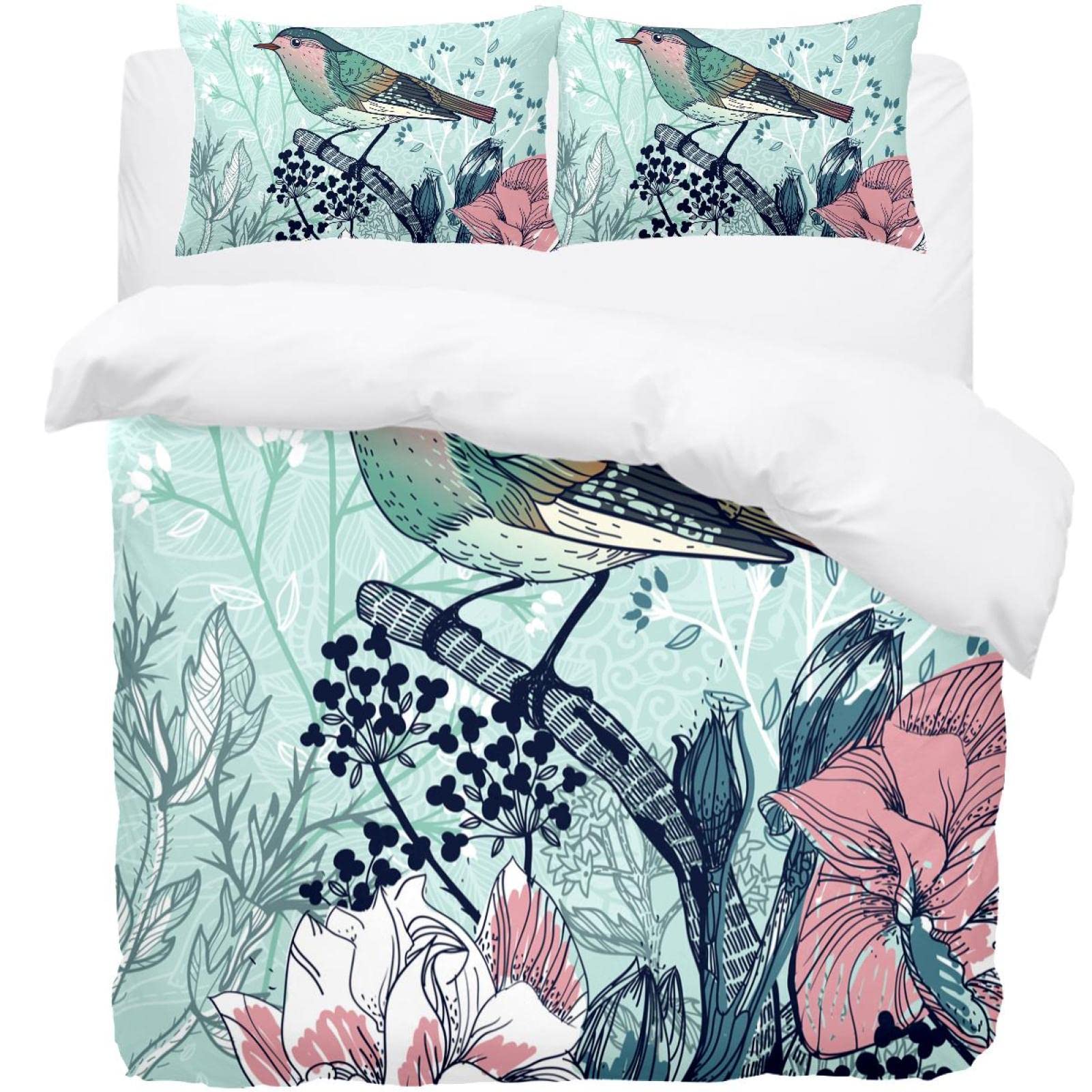 Housse de couette vintage et 2 taies d'oreiller oiseaux printaniers