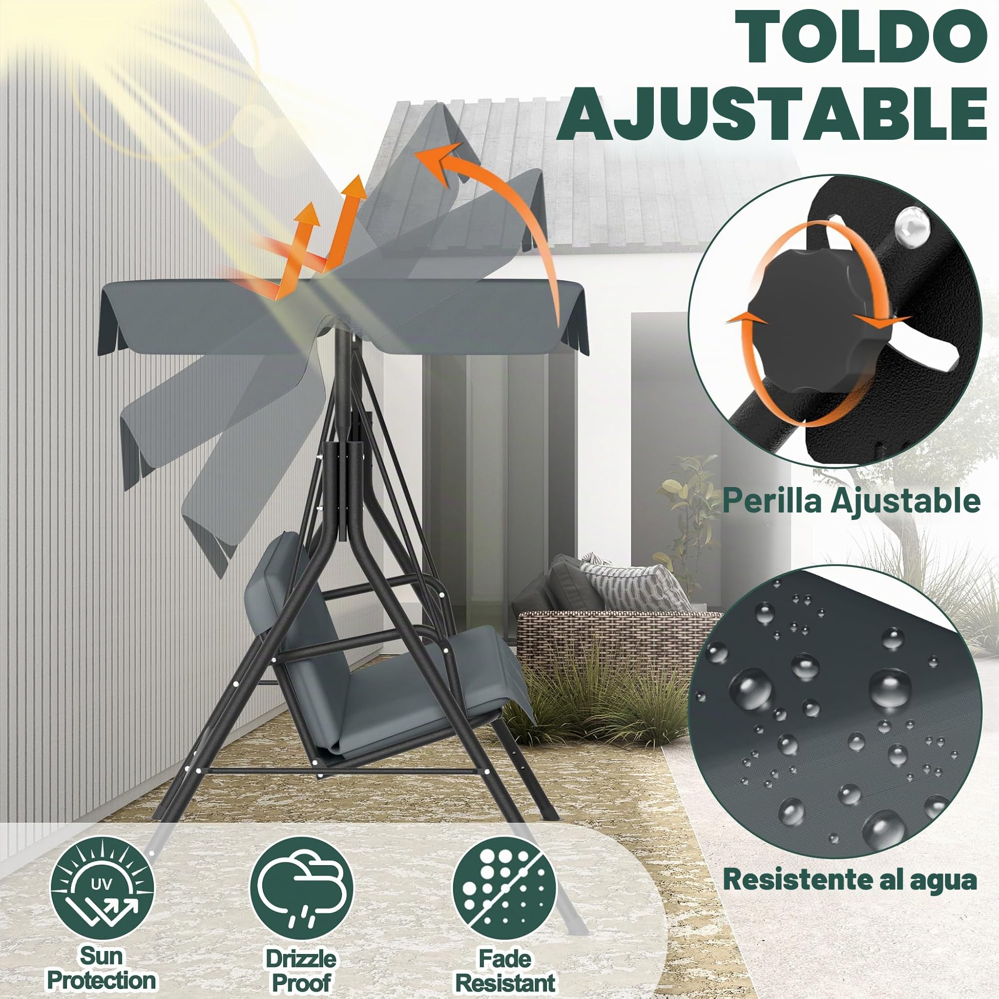 176x110x152cm columpio Hollywood de jardín con toldo y cojín de asiento y marco de acero, banco balancín de jardín de 3 plazas, capacidad de carga hasta 200KG, banco balancín tumbona de jardín