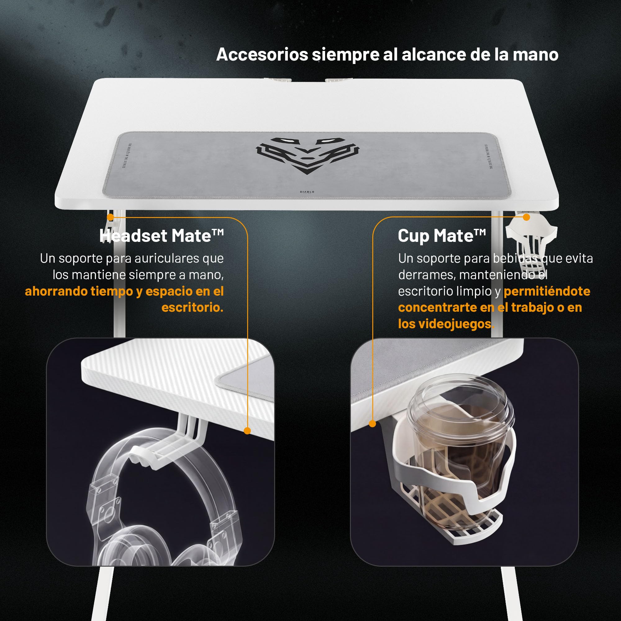 Diablo Escritorio Gaming Escritorio Gamer Grande Mesa PC con gestión de Cables Alfombrilla Soporte Auriculares portavasos Escritorio Ordenador ergonómico Estable Resistente Setup 100 x 60 x 75 cm