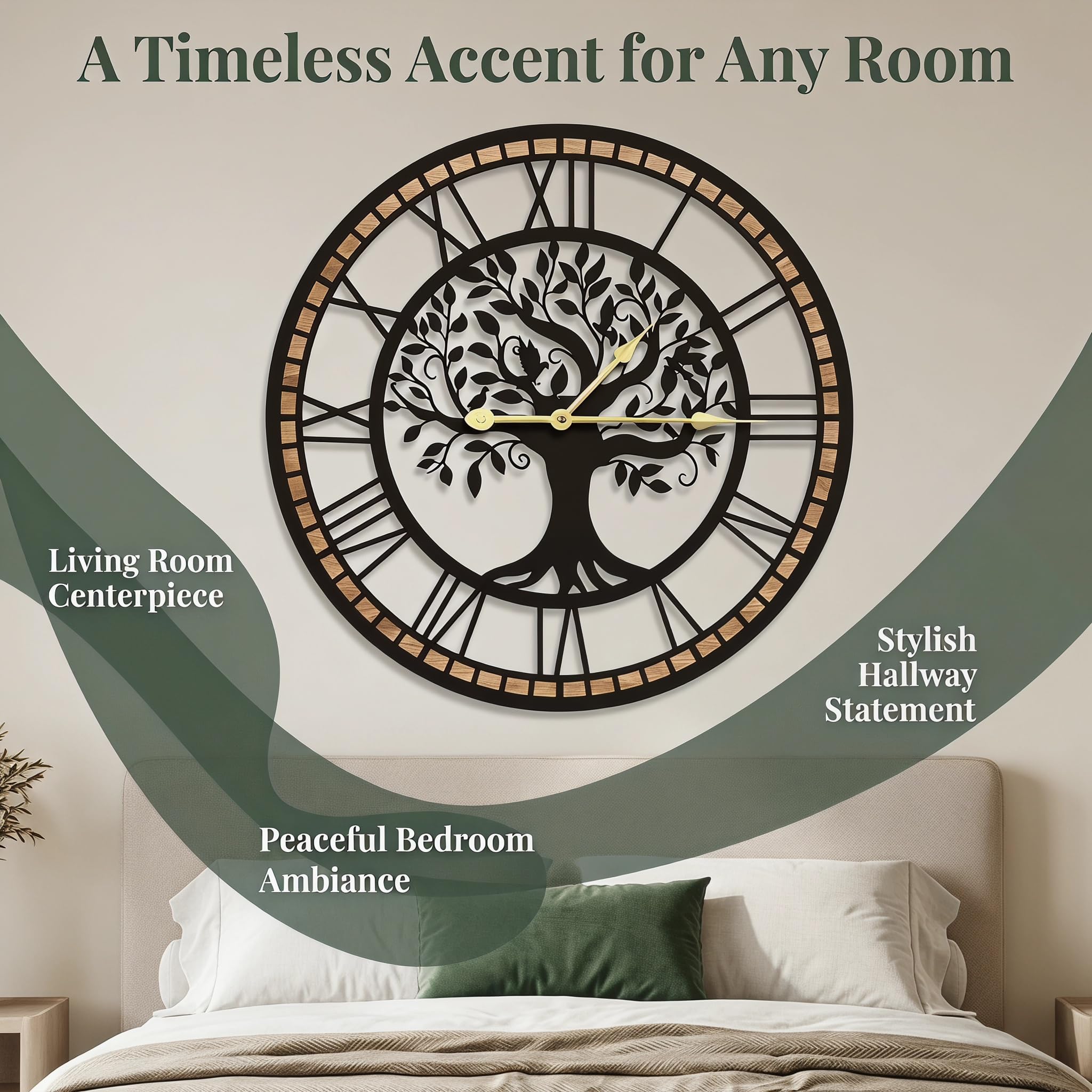 Reloj de Pared Grande con diseño de árbol de la Vida, Negro y Madera, números Romanos, Redondo, 40 cm, para Sala de Estar