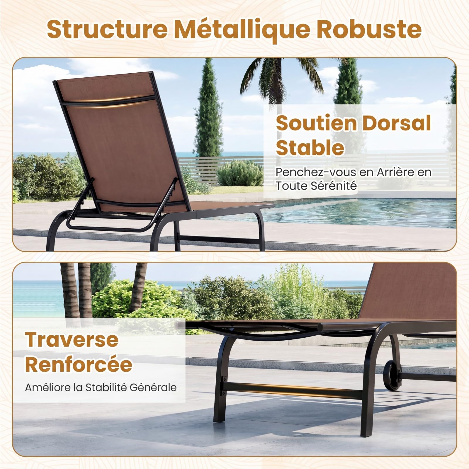 COSTWAY Bain de Soleil à roulettes Inclinable, Dossier à 6 Positions,Marron