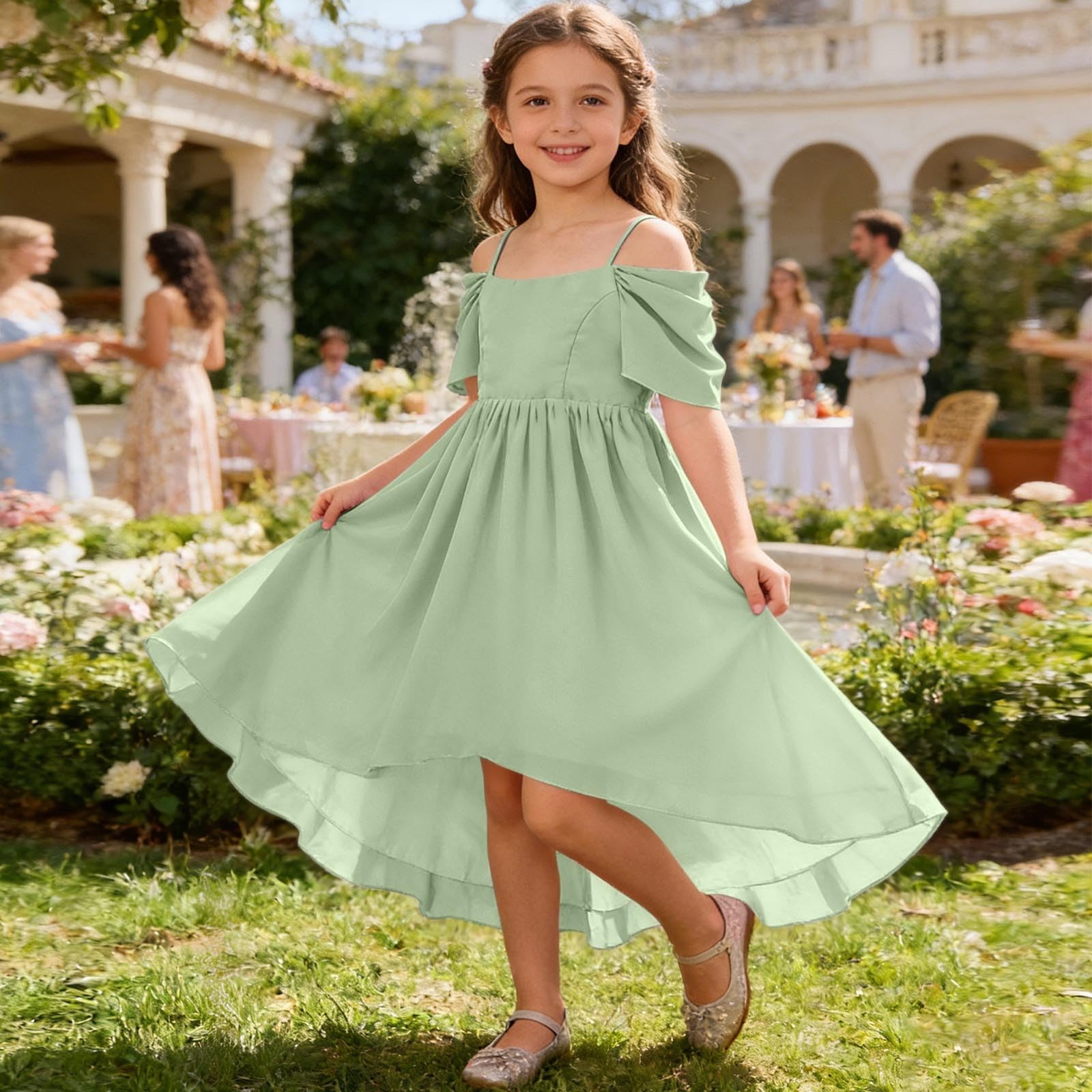 Vestido asimétrico de Gasa con Estampado Floral para niñas Adolescentes, Ideal para Ocasiones Formales como Bodas o graduaciones, Elegante y Moderno.