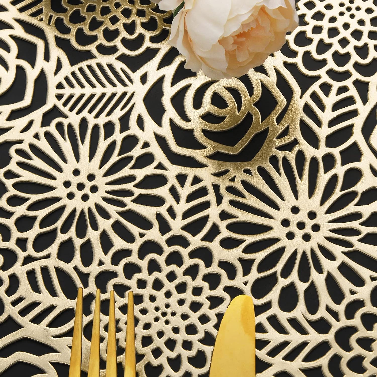 Placemats Set of 6, Gold Pressed Blooming Rose Vinyl Round Table Mats image 3